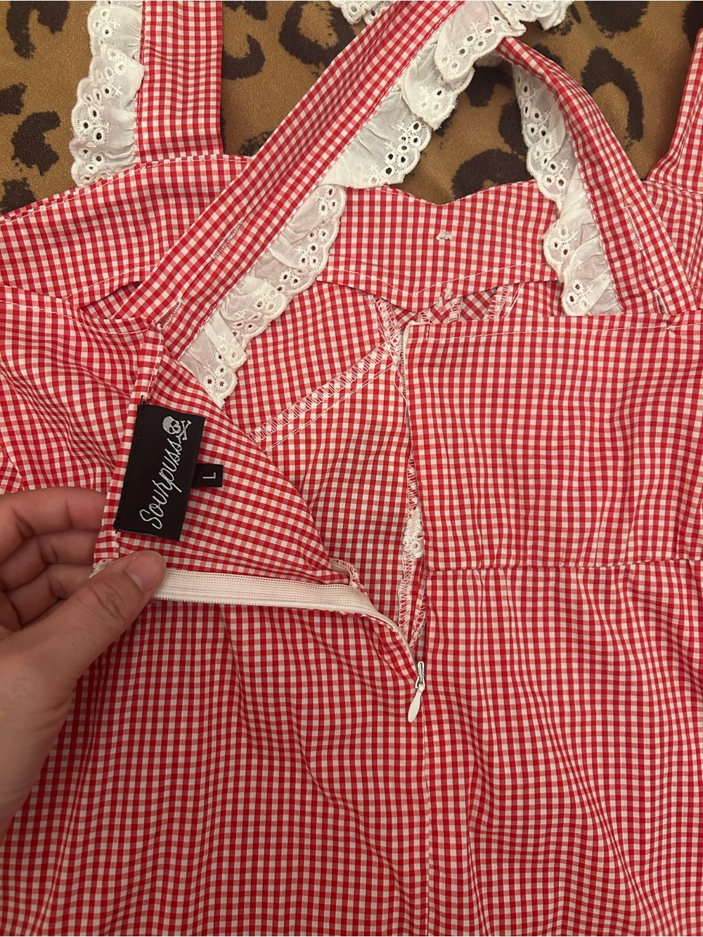 Sourpuss Red and White Gingham Dress with Eyelet Lace Size LARGE - Picture 2 of 5